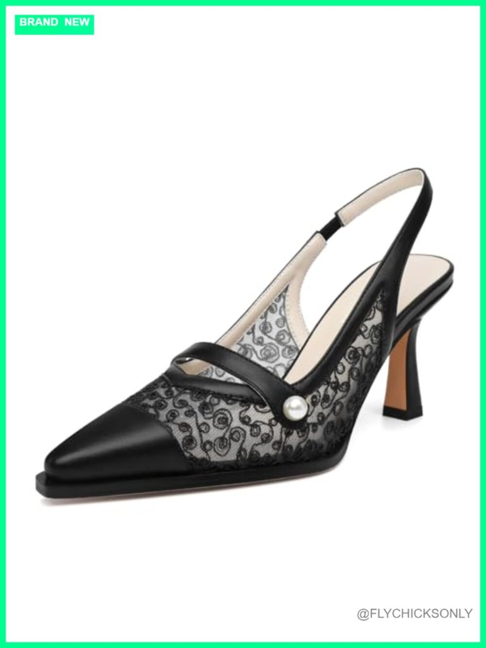 Slingback Lace Mesh Stiletto Heels Pointed Toe Pearl Formal Wedding